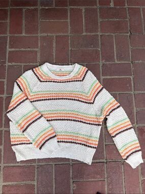 Rip Curl Cream Crochet Crewneck Sweater with Orange, Green & Brown Stripes